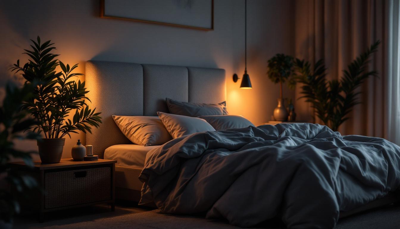 A photograph of a cozy bedroom scene showcasing stylish led bed lights