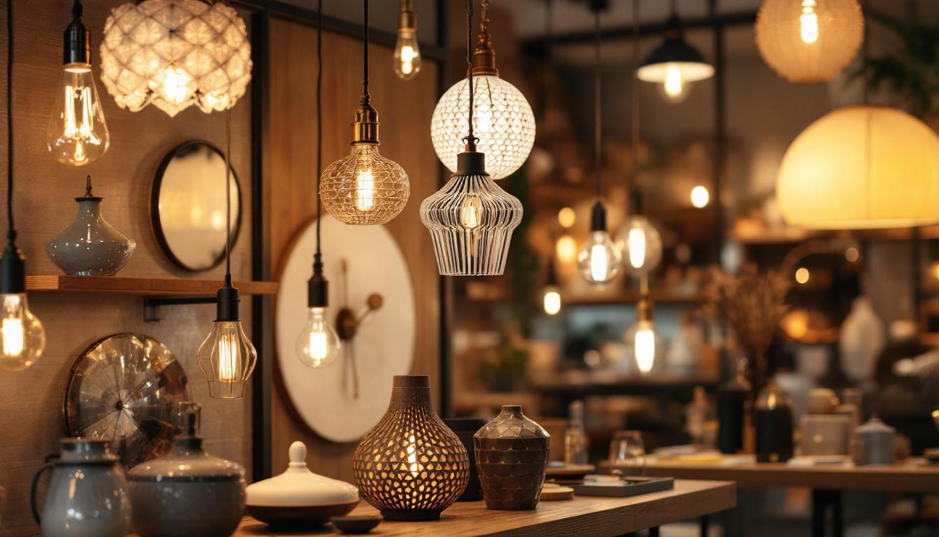 A photograph of a stylishly arranged lighting display in a modern store