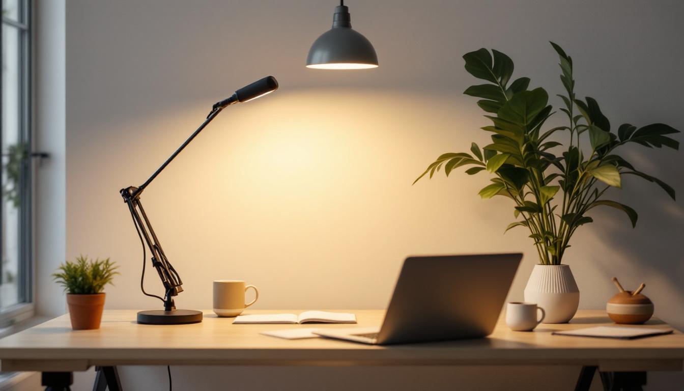 A photograph of a well-lit workspace featuring a plug-in work light