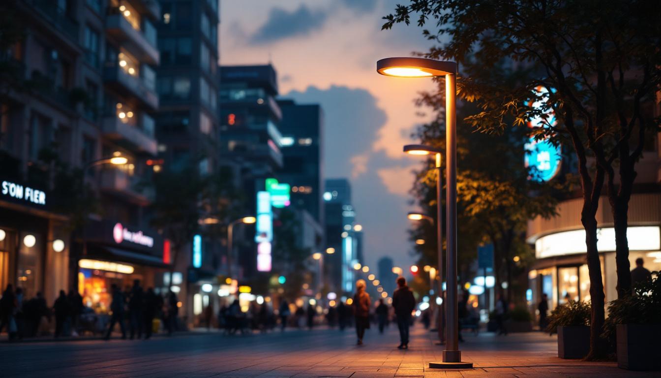A photograph of capture a photograph of a modern outdoor street lamp post illuminating a vibrant urban street scene at dusk