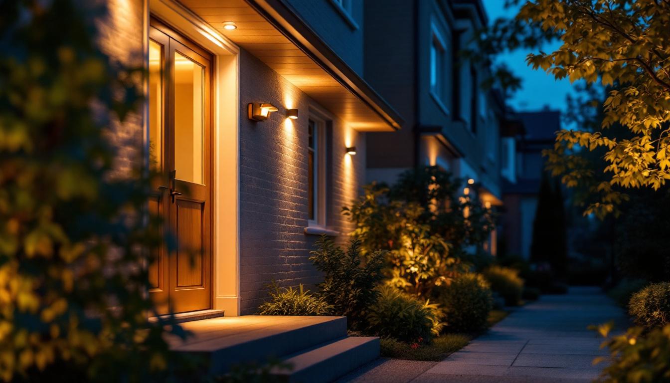 A photograph of a beautifully lit porch featuring recessed lighting