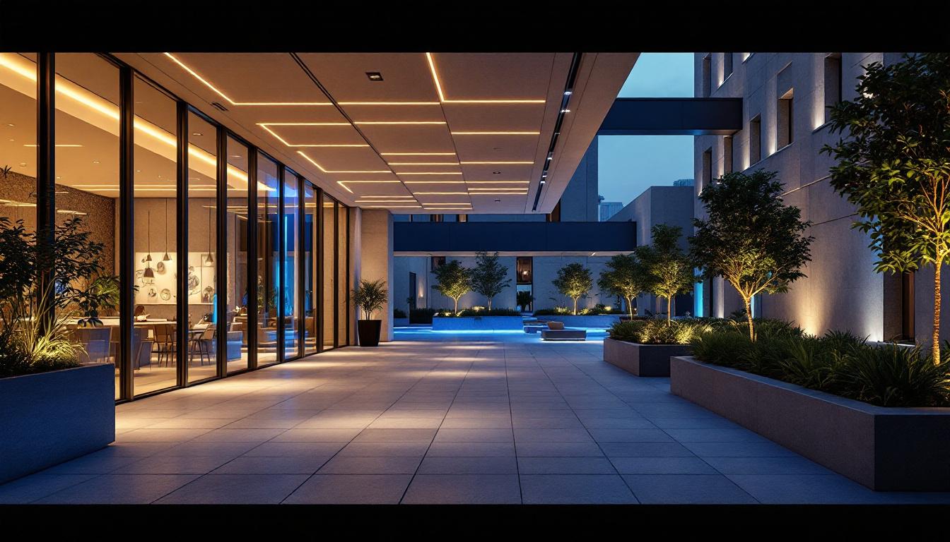 A photograph of a beautifully illuminated outdoor space that showcases modern architectural features