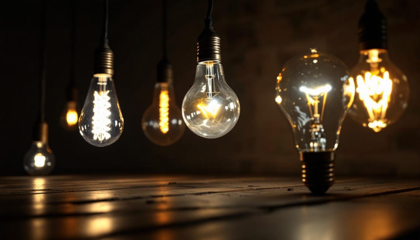 A photograph of a series of light bulbs in various shapes and sizes