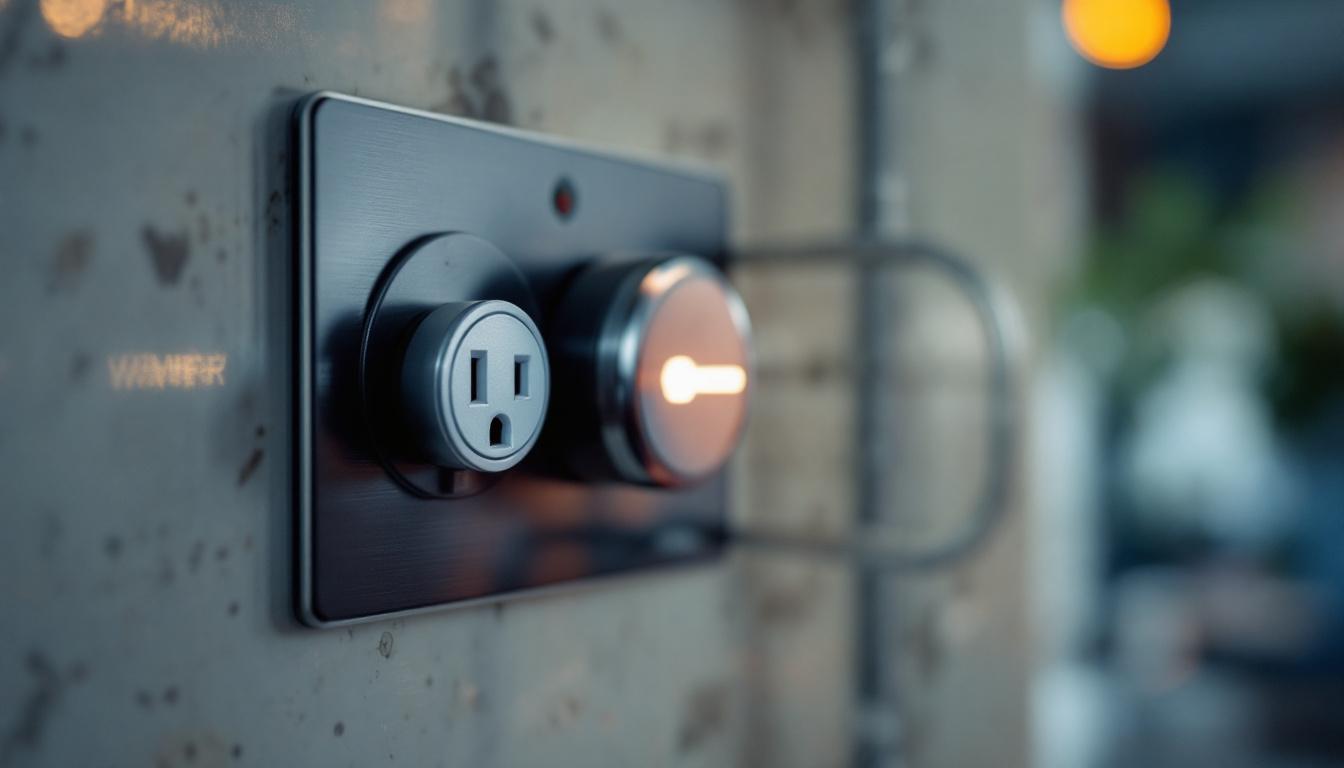 A photograph of a close-up of a locking wall outlet installed in a modern setting