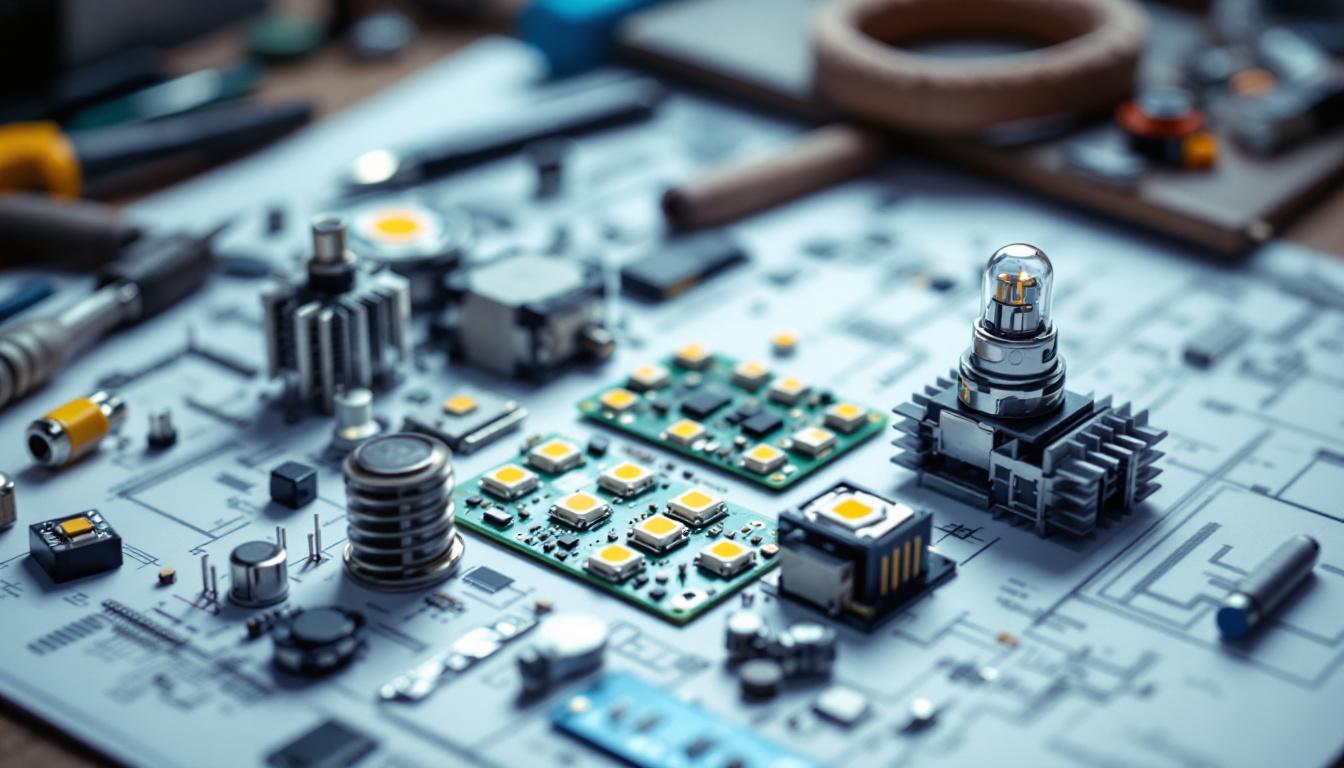 A photograph of a close-up shot of various led light components