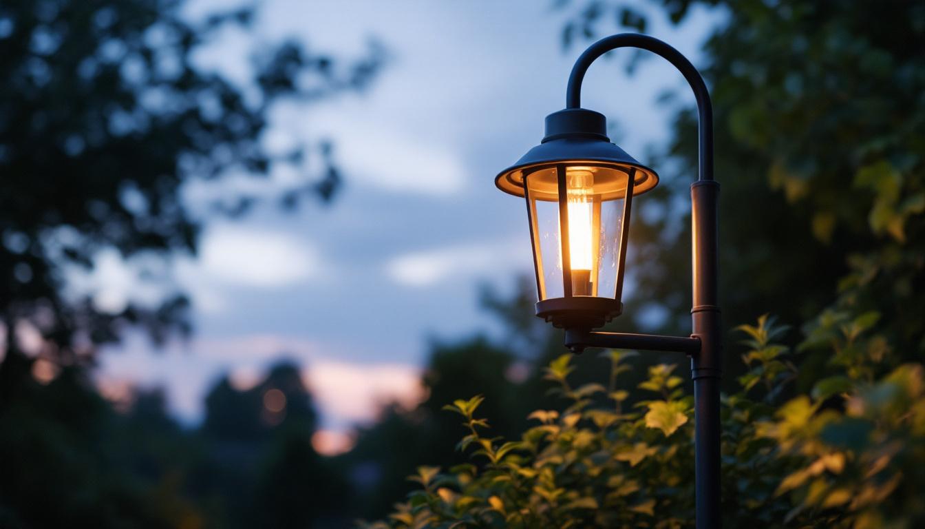 A photograph of a stylish black outdoor lamp post illuminating a garden or pathway at dusk