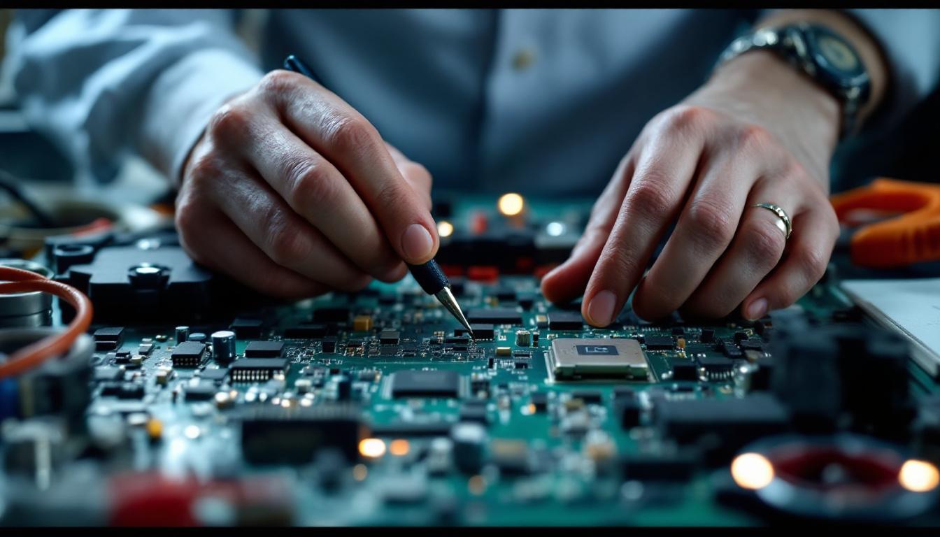 A photograph of a skilled electrical engineer working on a circuit board