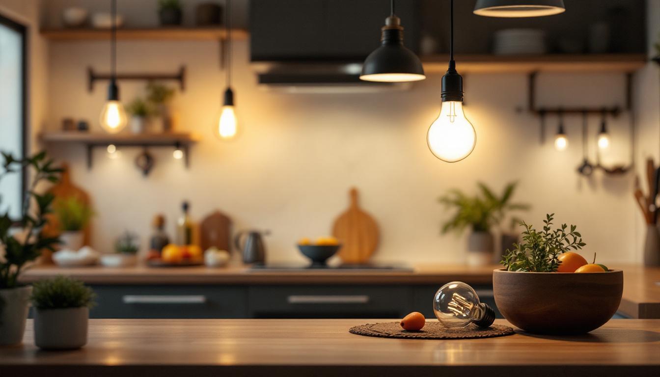 A photograph of a well-lit kitchen featuring various types of light bulbs in use