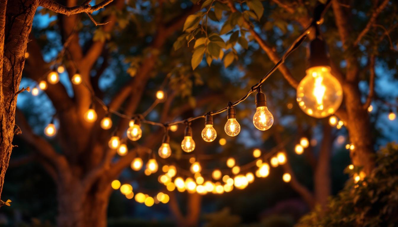 A photograph of a beautifully illuminated outdoor setting featuring a variety of string bulbs hung creatively among trees or along a patio