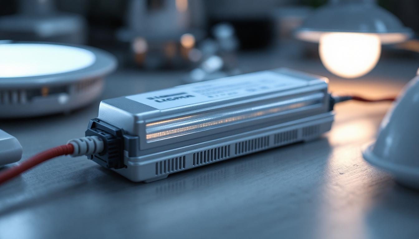 A photograph of a close-up of a lighting ballast alongside various types of light fixtures
