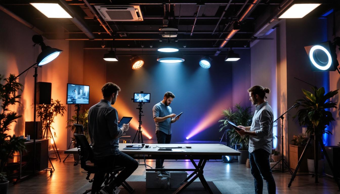 A photograph of a modern commercial space featuring various lighting control systems in action