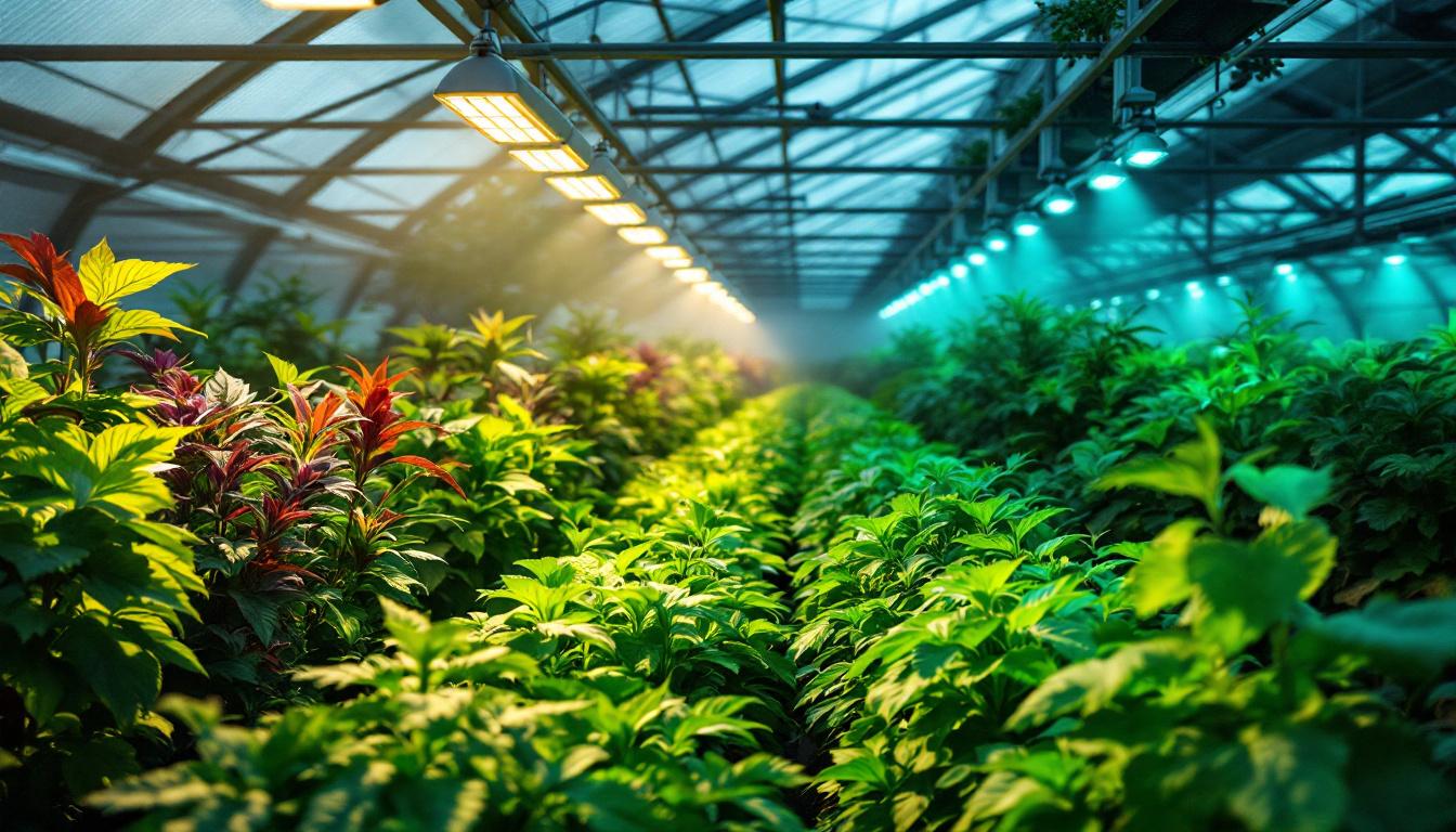 A photograph of a modern greenhouse interior showcasing vibrant plants illuminated by energy-efficient led lamps
