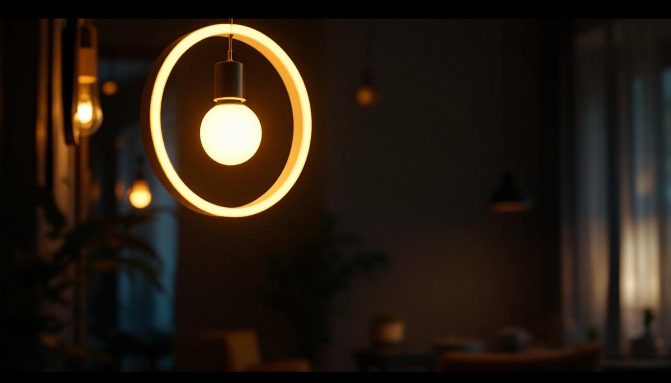 A photograph of capture a photograph of a stylish circle pendant lamp illuminated in a modern interior setting