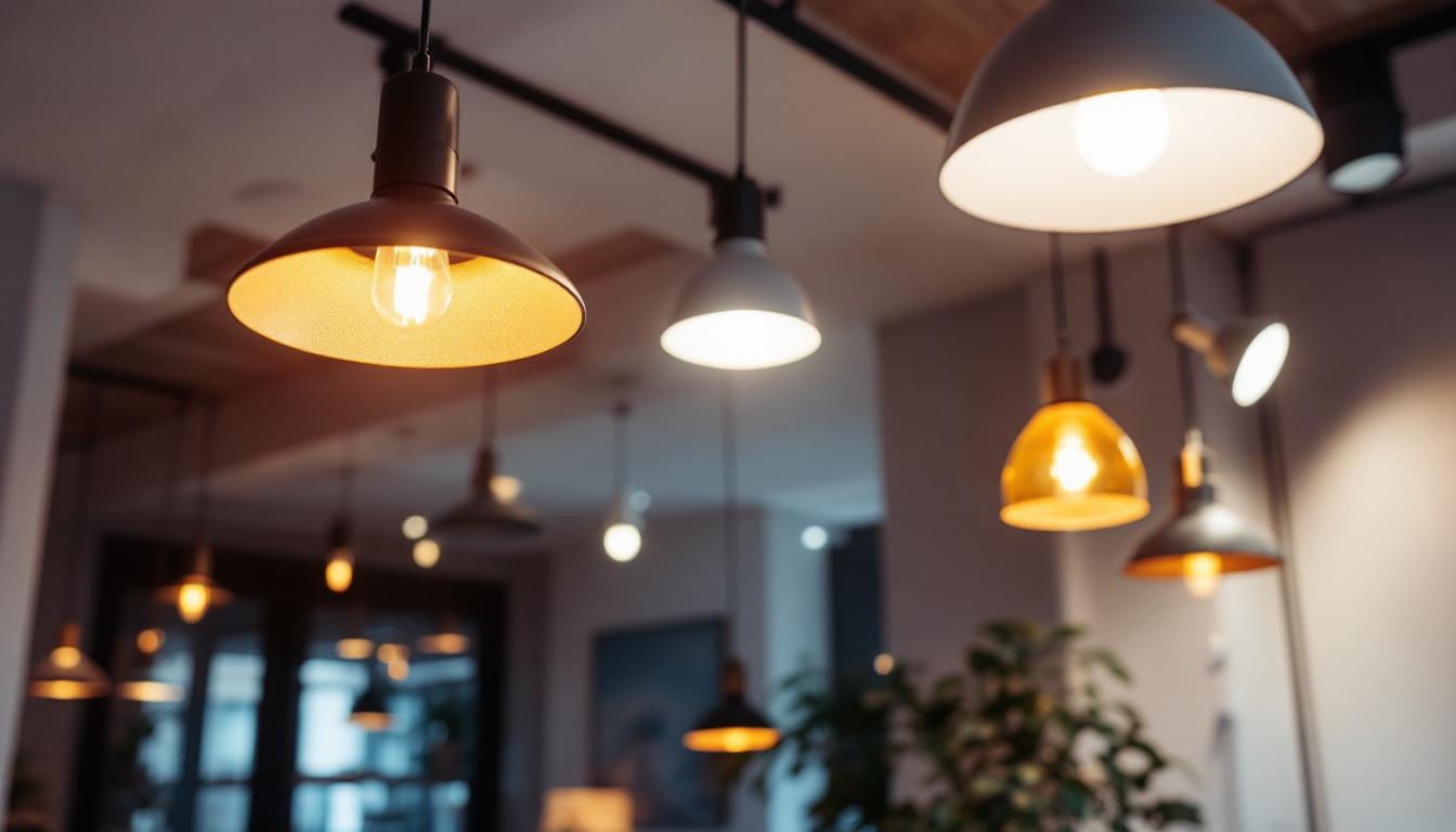 A photograph of a well-lit interior space showcasing various lighting fixtures and a diffuser in use
