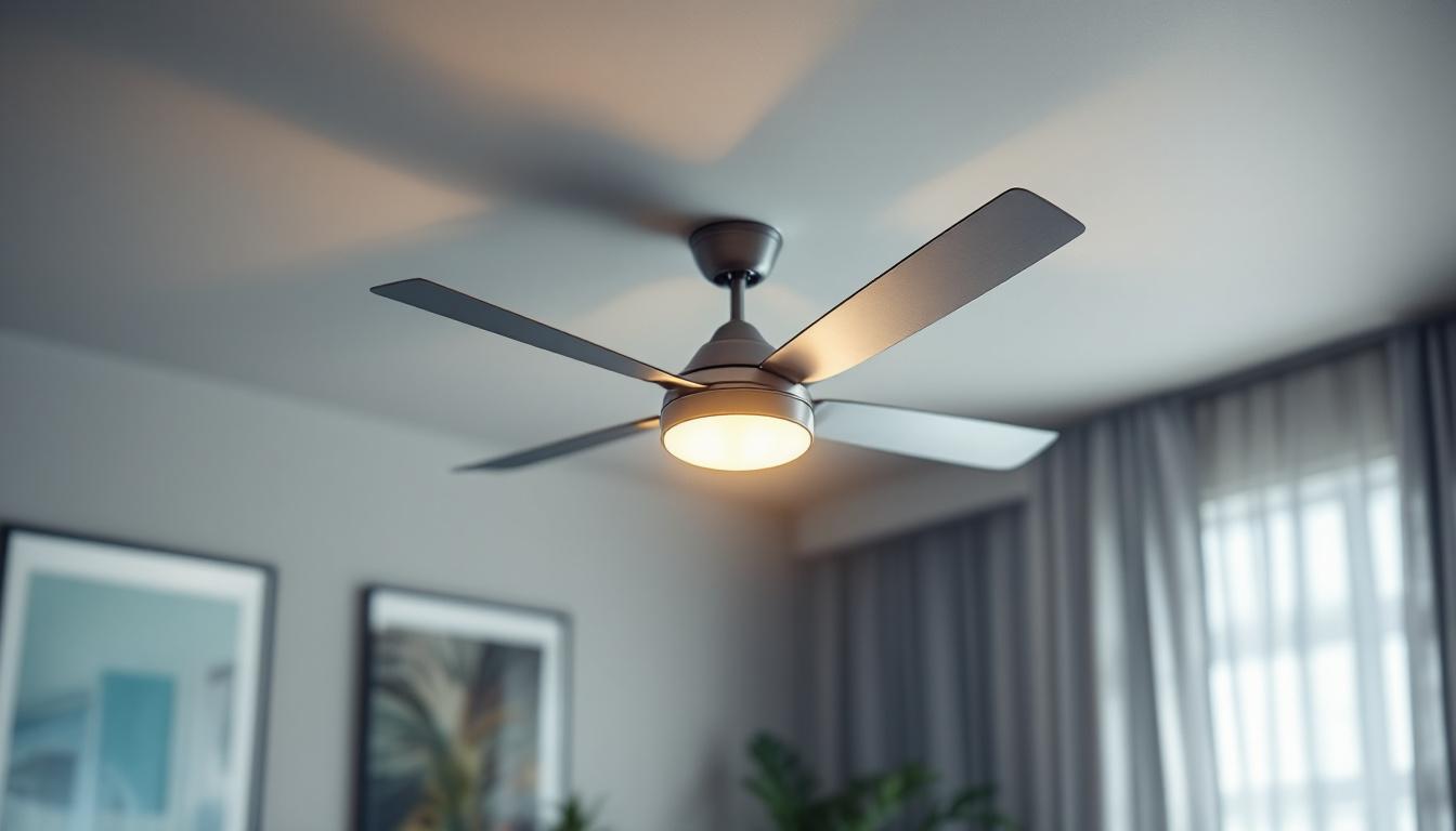 A photograph of a stylish ceiling fan in a well-lit room