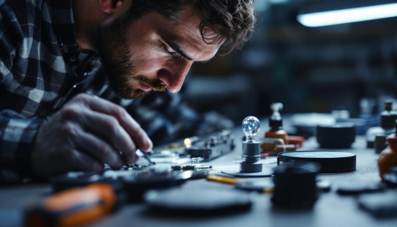 A photograph of a close-up shot of an engineer working on a lighting fixture