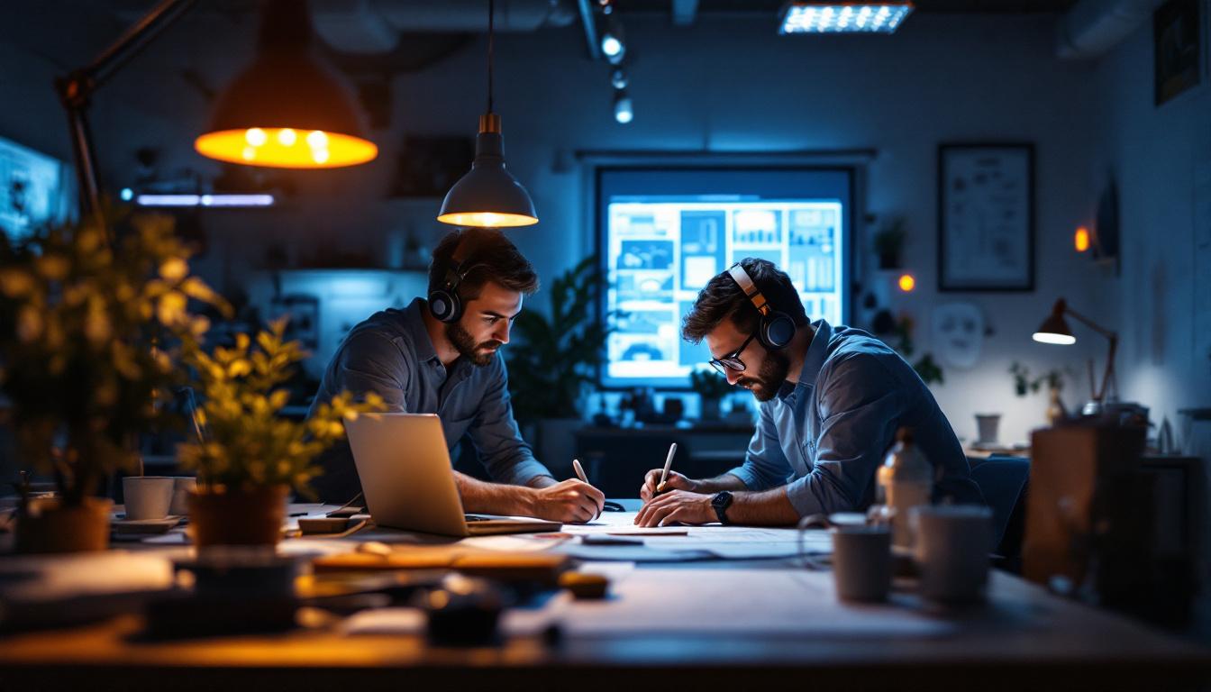 A photograph of a well-lit engineering workspace featuring amber led lights