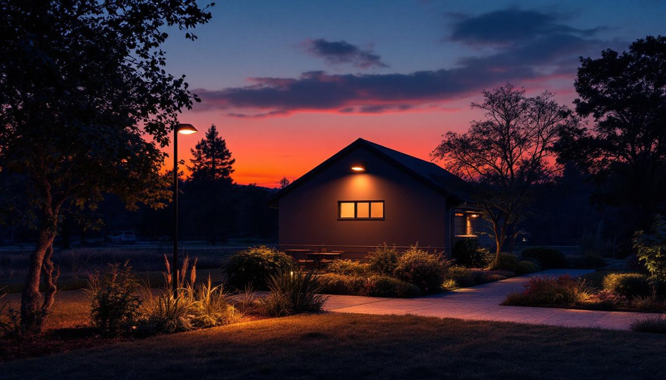 A photograph of a beautifully illuminated outdoor space at dusk