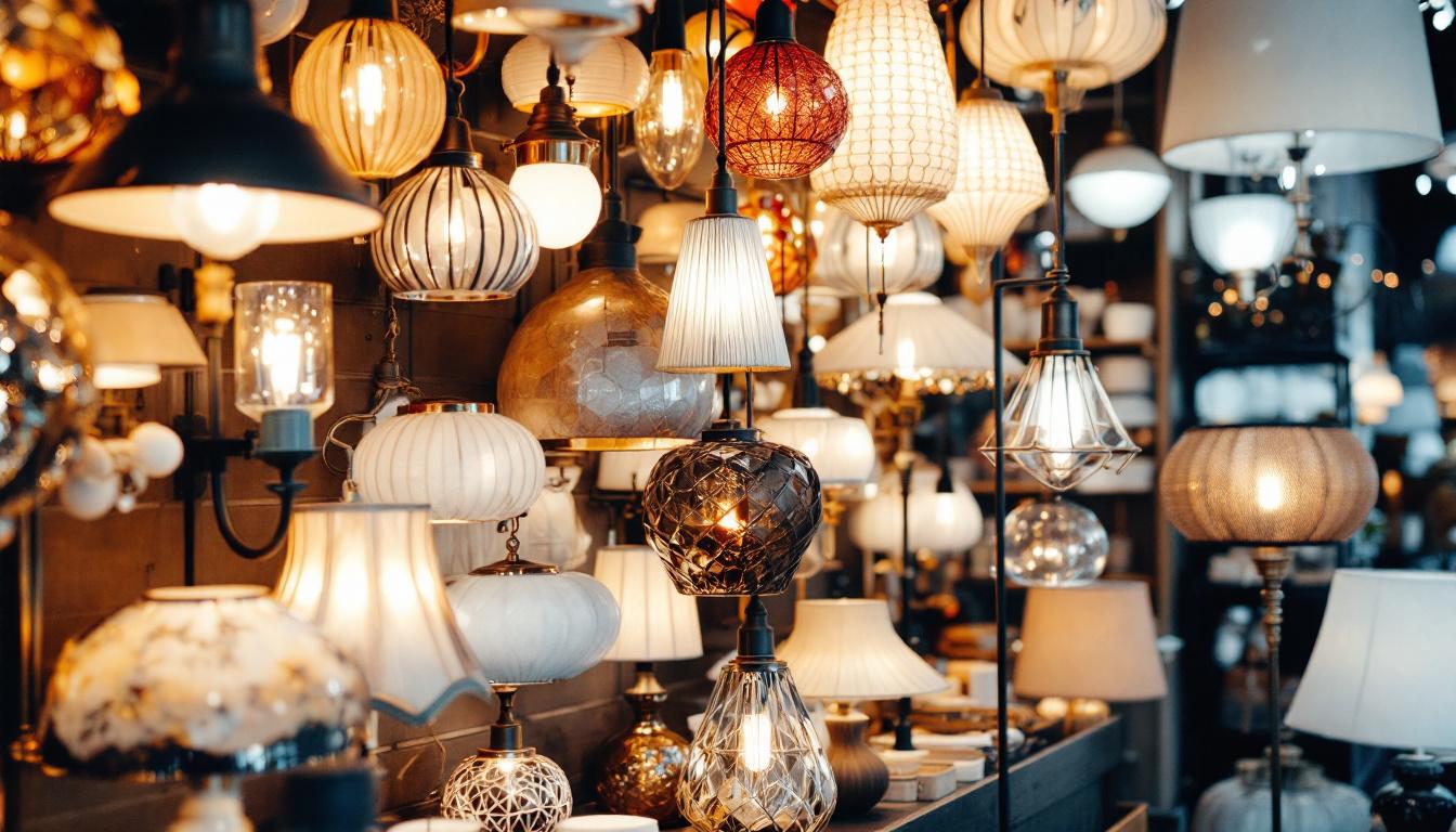 A photograph of a beautifully arranged display of various lighting fixtures in the lamp store