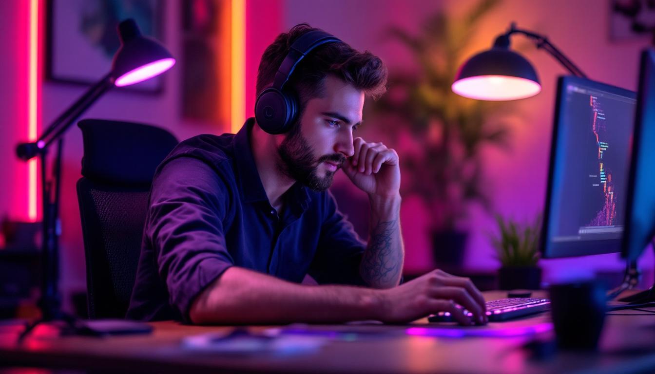 A photograph of capture a photograph of a modern workspace featuring rgb lamps in various lighting settings