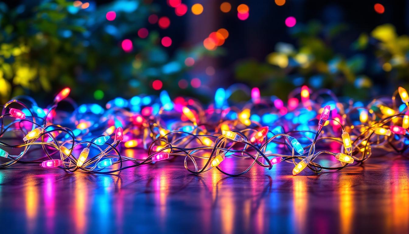 A photograph of a beautifully arranged display of led lighting strings in various configurations