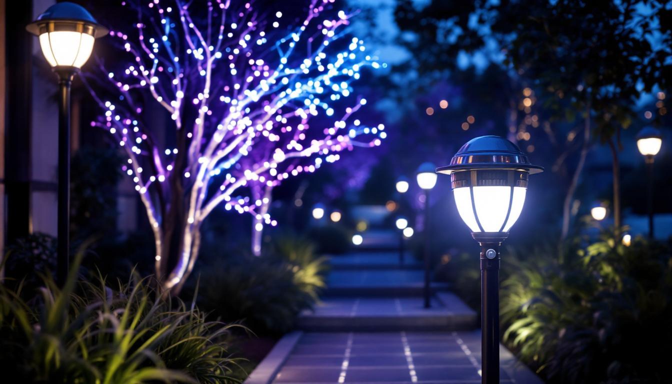 A photograph of a beautifully lit outdoor space showcasing led lights with sensors in action