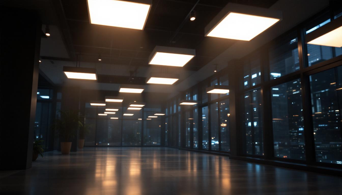 A photograph of a well-lit interior space featuring square led lighting fixtures in use