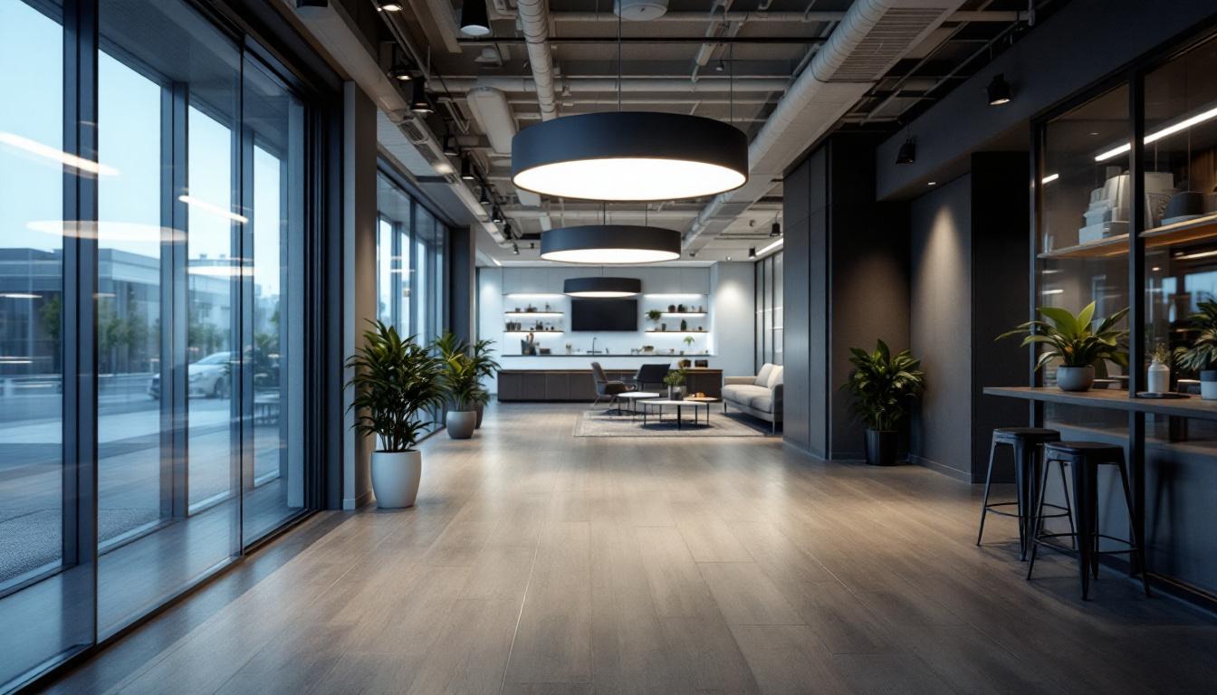 A photograph of a modern commercial space showcasing advanced lighting systems in action