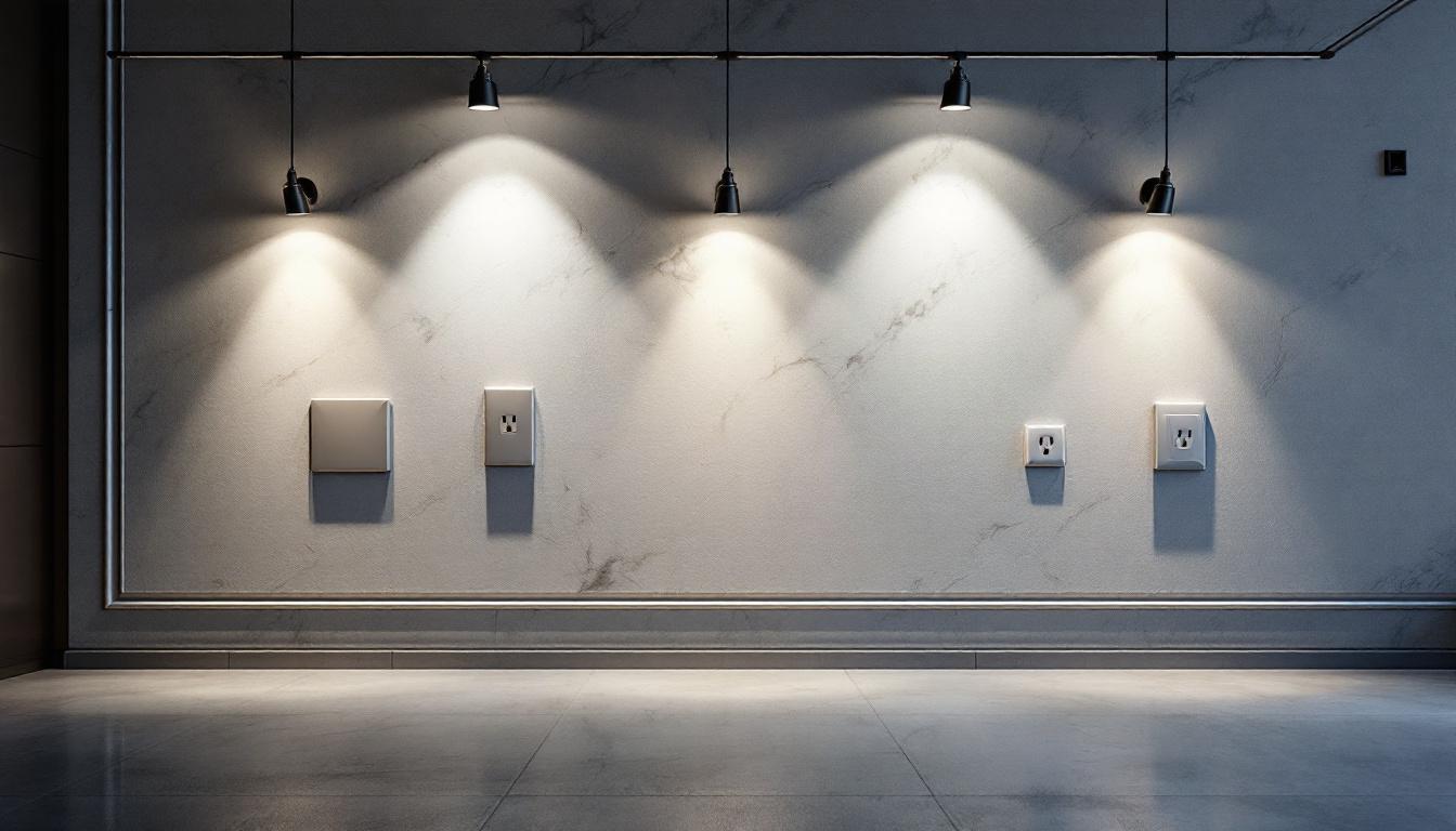 A photograph of a well-lit indoor setting featuring various styles of electrical box covers installed on walls