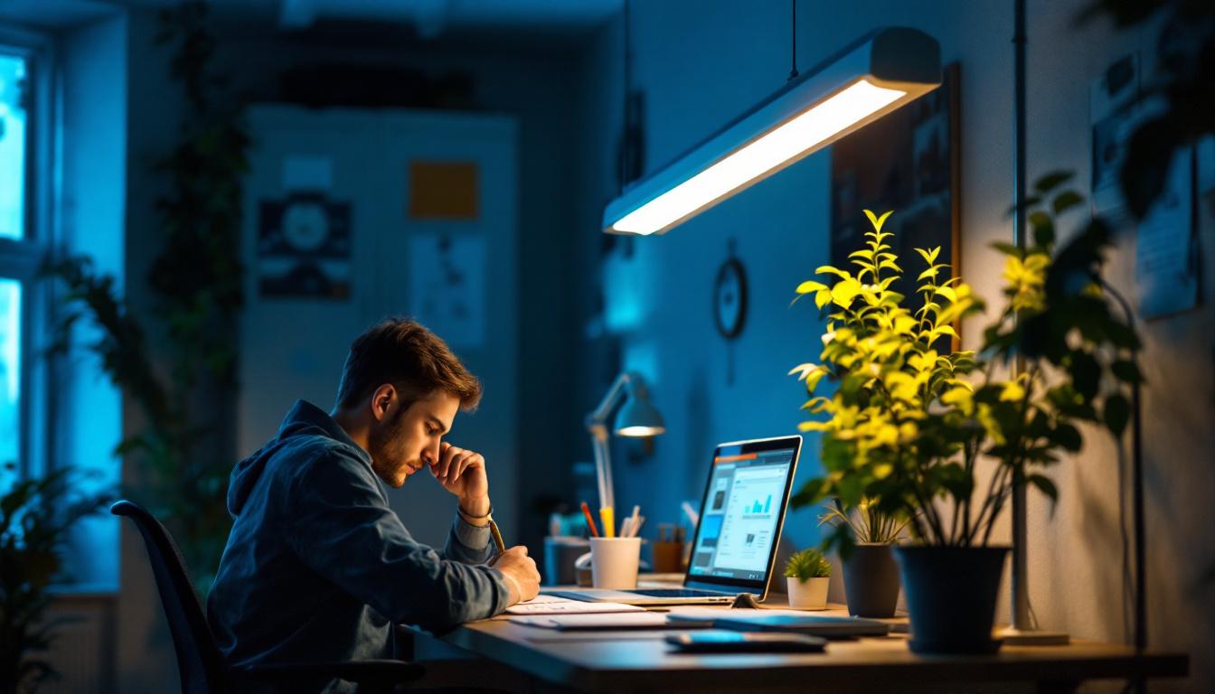 A photograph of a well-lit workspace featuring long fluorescent lights