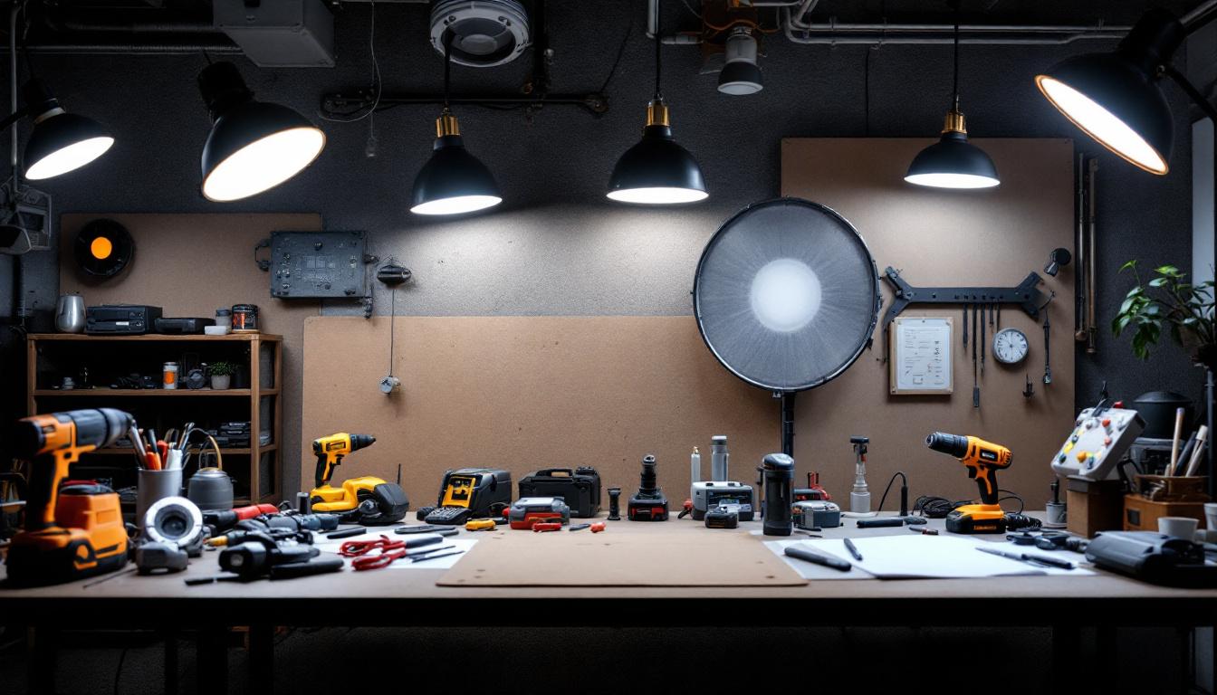 A photograph of a well-lit workspace featuring various electric tools and lighting fixtures