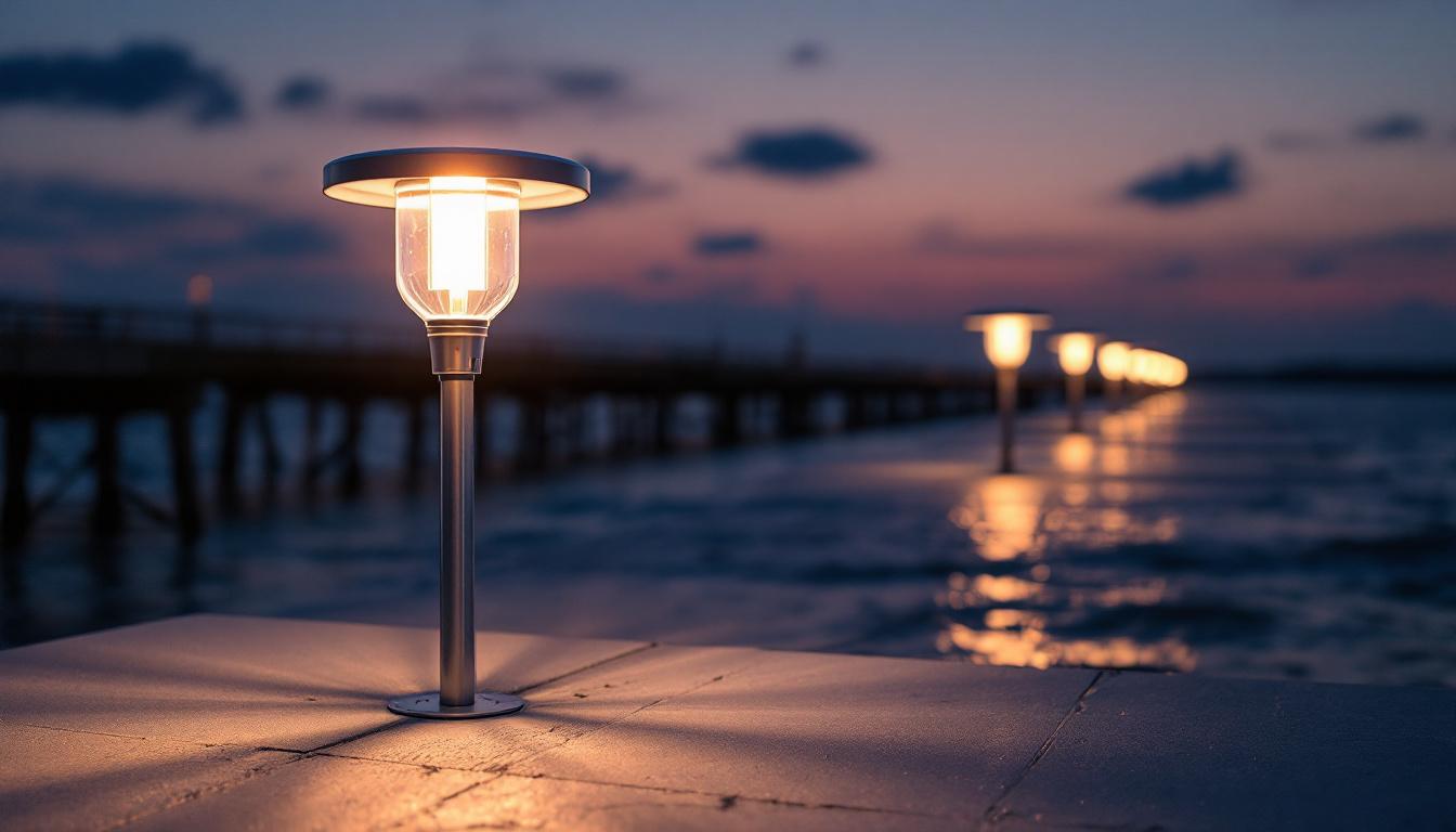 A photograph of a beautifully illuminated solar pier light at dusk