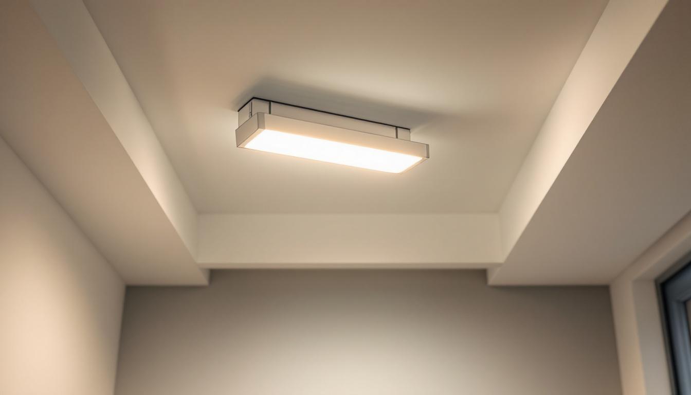 A photograph of a well-lit room showcasing a ceiling fluorescent light fixture