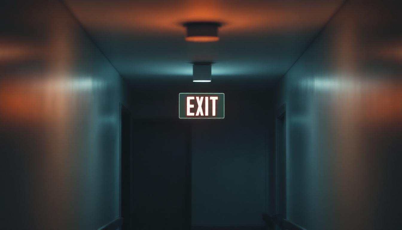 A photograph of a well-lit exit sign in a dimly lit corridor