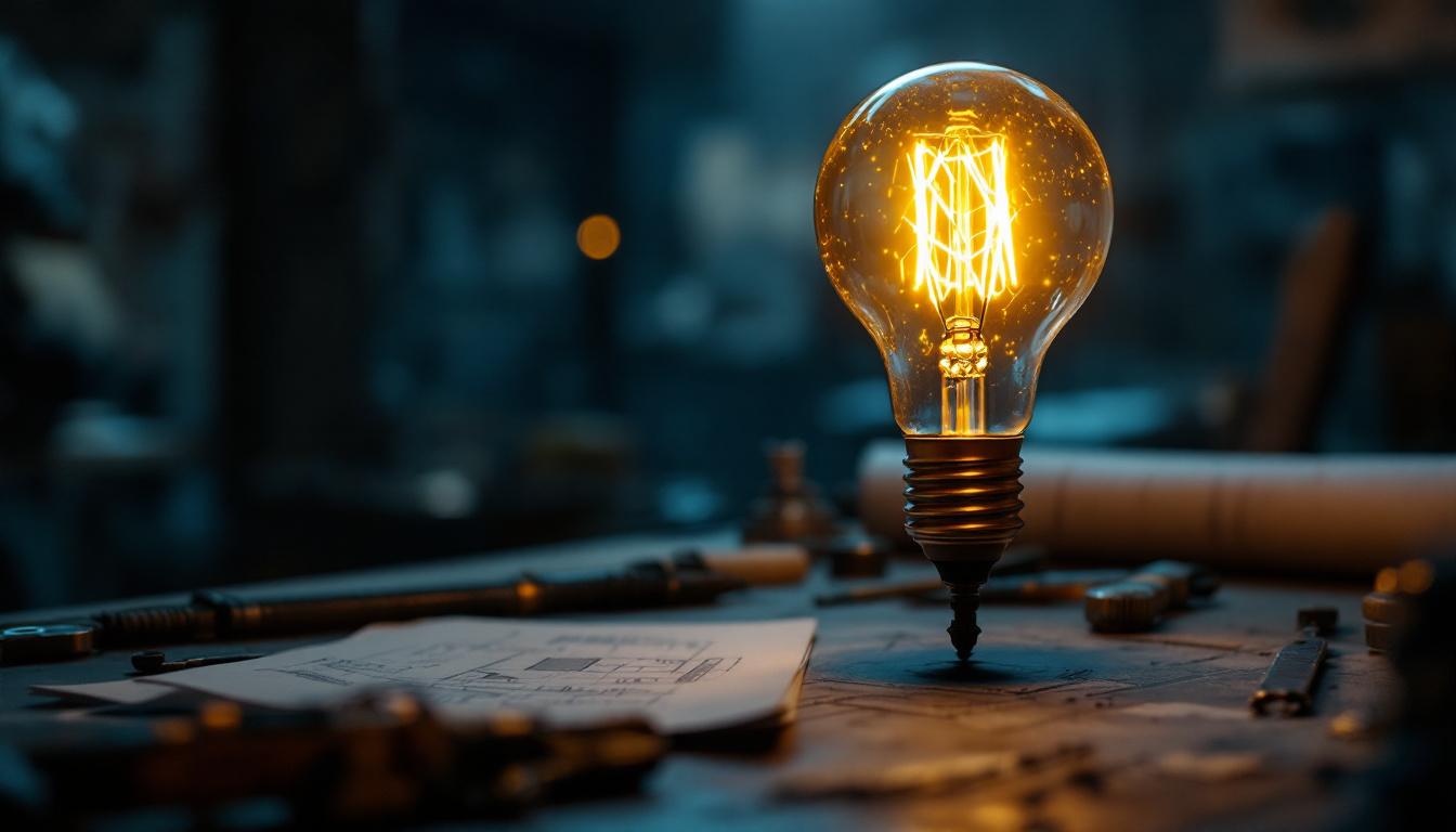 A photograph of a vintage light bulb glowing softly in a dimly lit workshop