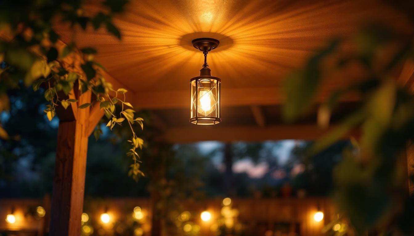 A photograph of a beautifully designed exterior ceiling lamp illuminated at dusk