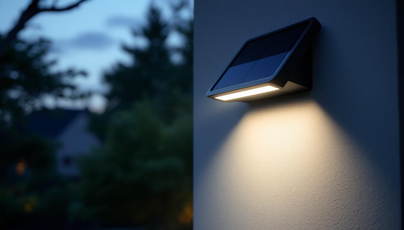 A photograph of a sleek led solar security light illuminating a well-lit outdoor space at dusk
