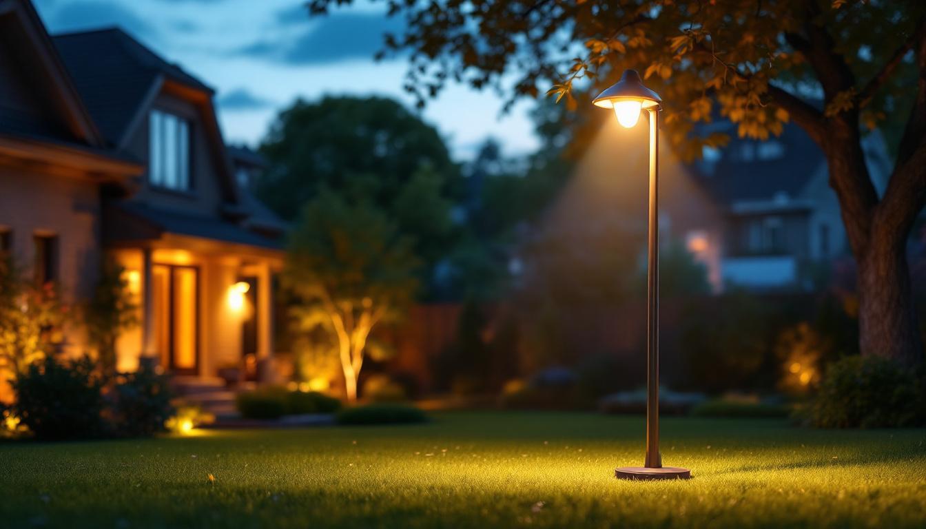 A photograph of a beautifully illuminated yard featuring a stylish street lamp