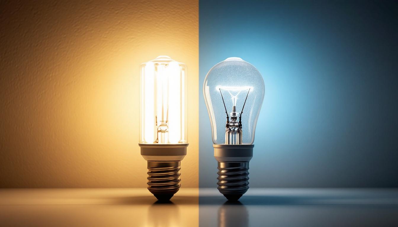 A photograph of a side-by-side comparison of a fluorescent bulb and an led replacement in a well-lit setting