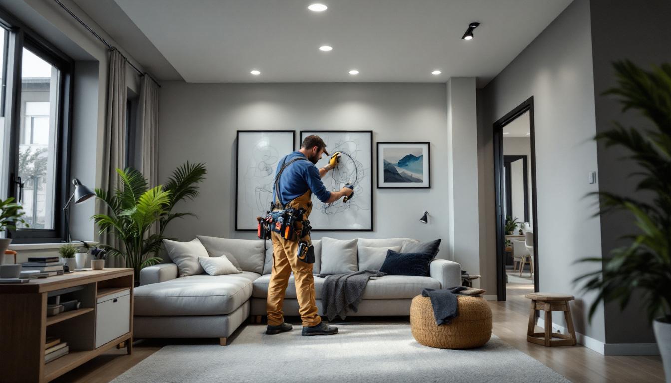 A photograph of a skilled electrician retrofitting recessed lights in a modern home