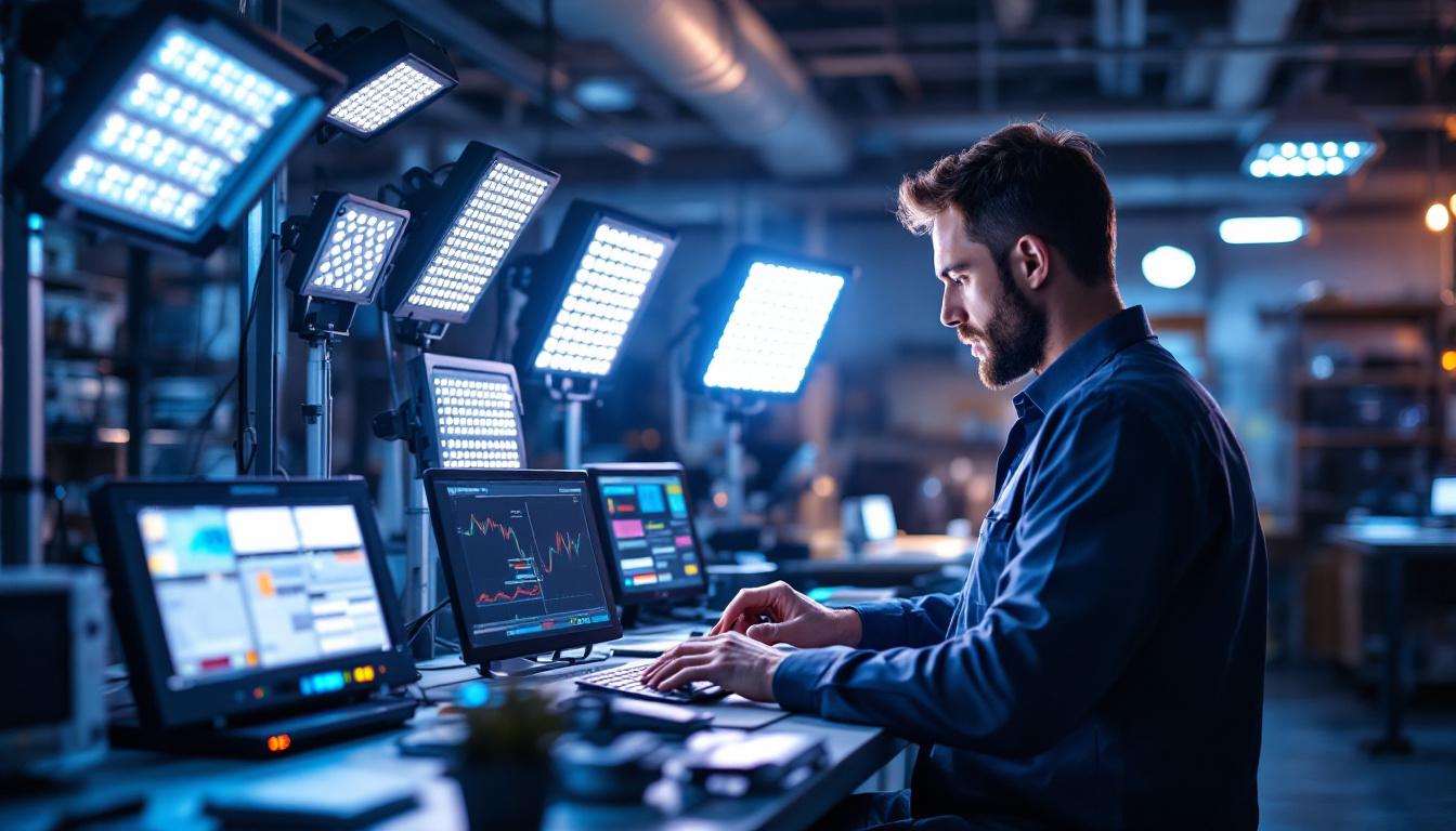 A photograph of a well-lit engineering workspace featuring various led equipment lights in use