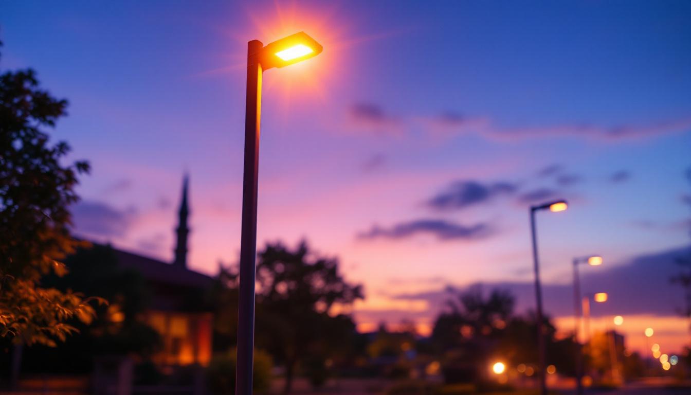 A photograph of a vibrant urban scene at dusk
