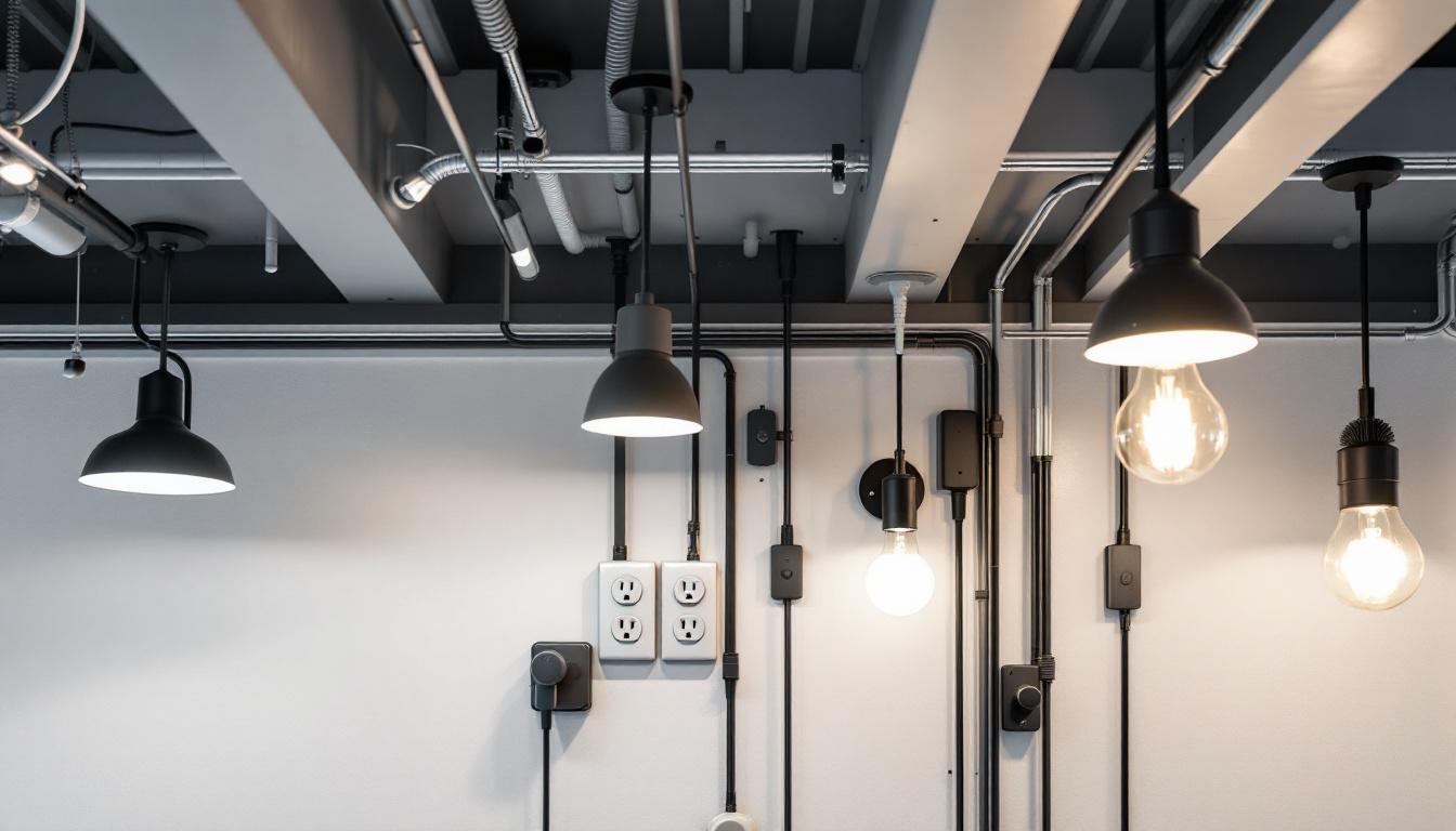 A photograph of a modern lighting system installation featuring various receptacles and light fixtures