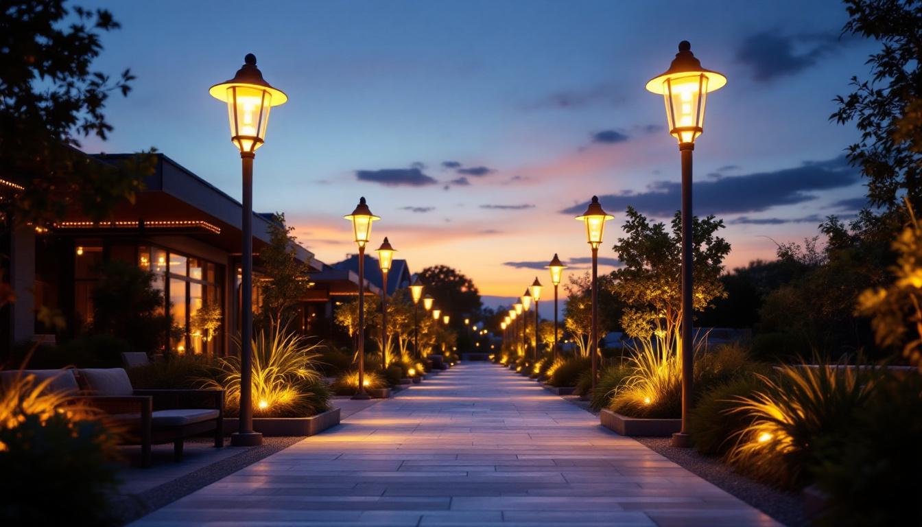 A photograph of a beautifully illuminated outdoor space featuring various led lamps in use during twilight