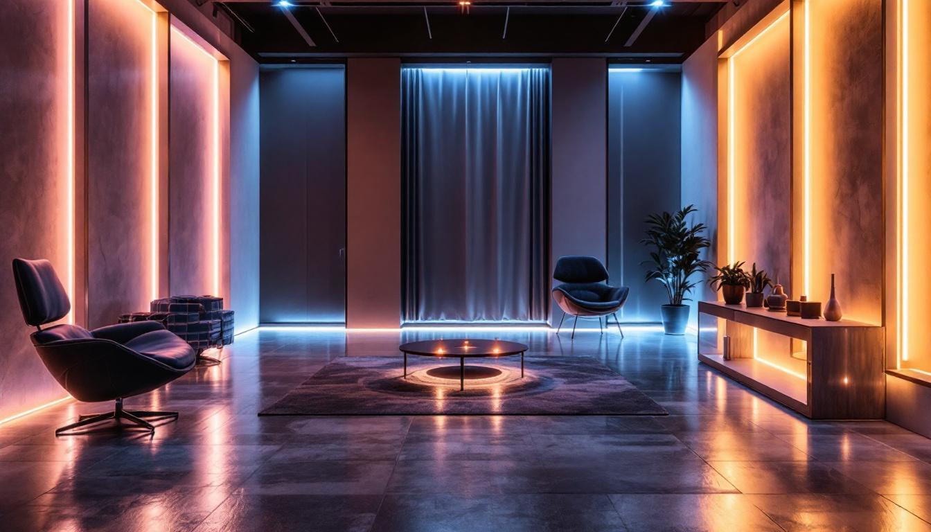 A photograph of a beautifully illuminated space featuring automatic strip lights in various applications