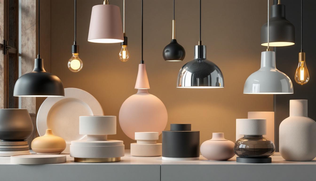 A photograph of a stylish selection of pendant light bases displayed in an aesthetically pleasing arrangement