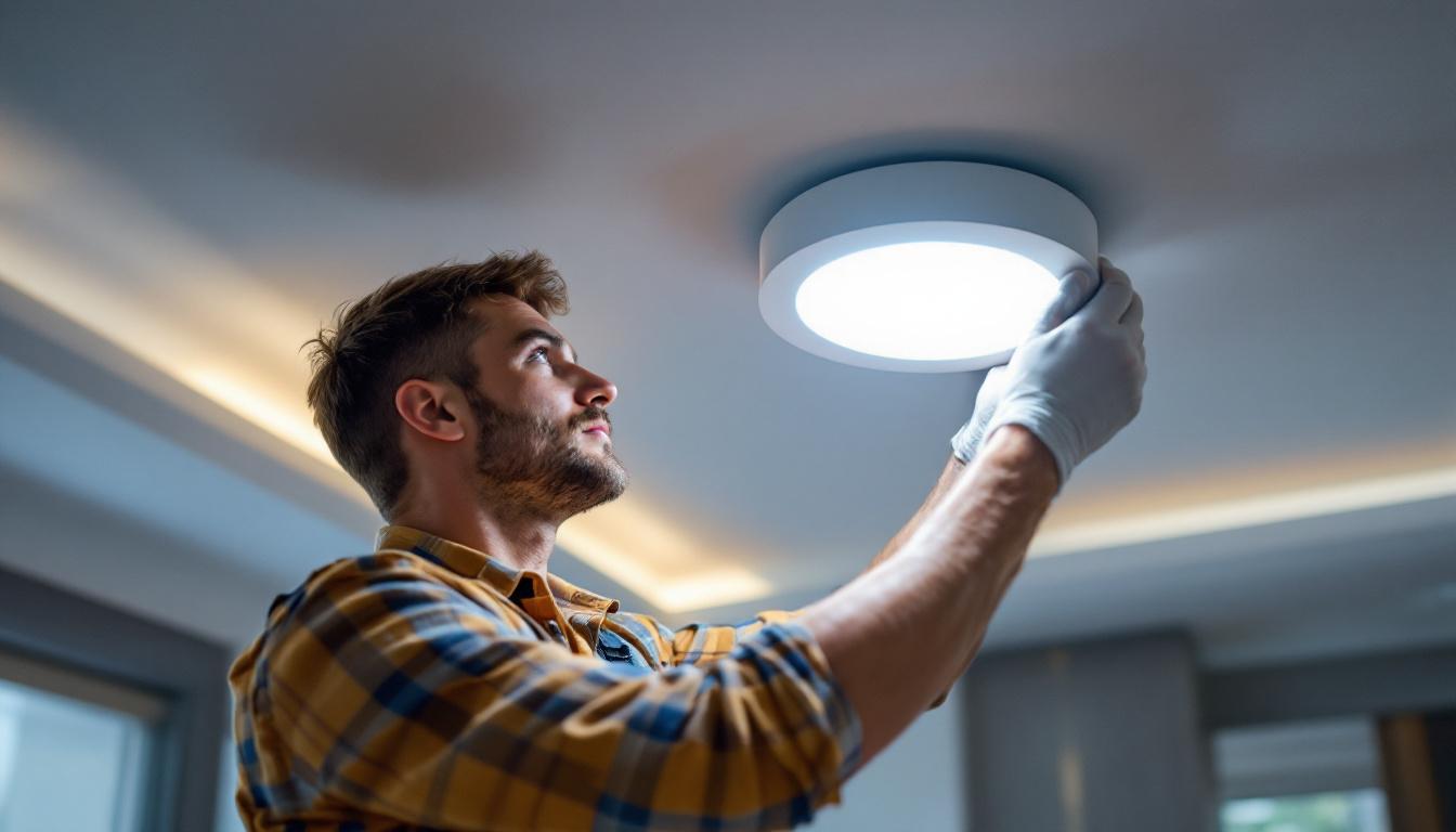 A photograph of a skilled electrical engineer installing a recessed led retrofit in a modern ceiling