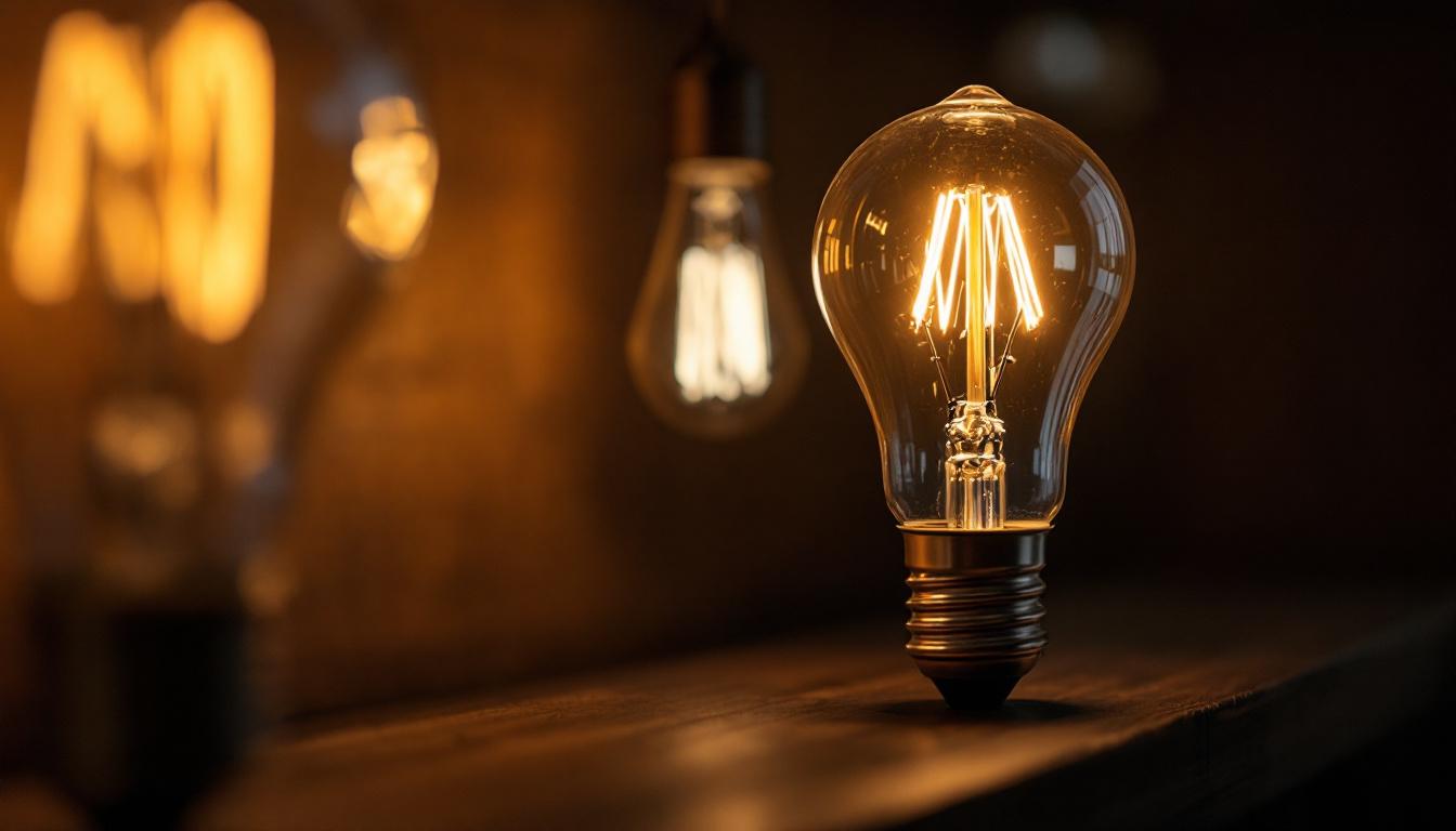 A photograph of a close-up shot of an e12 type b light bulb illuminated in a stylish lamp setting