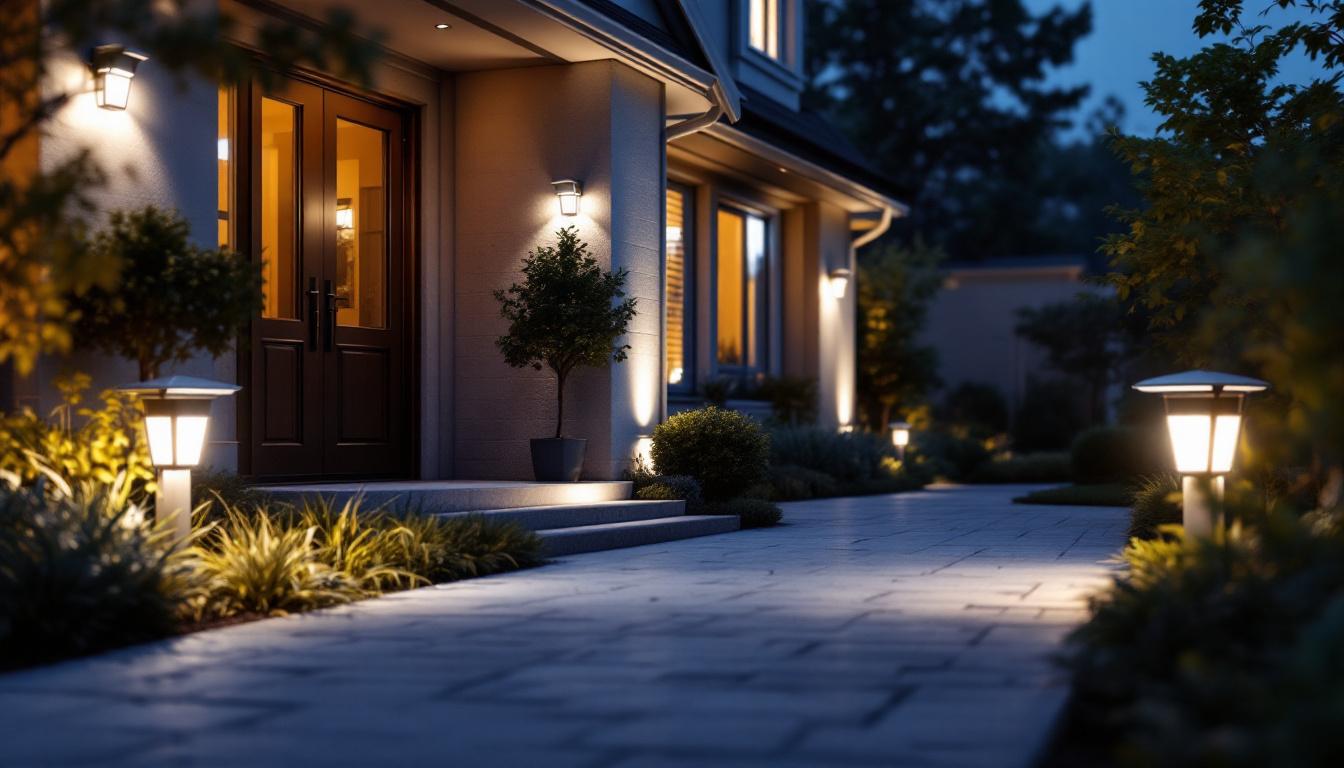 A photograph of a well-lit home exterior at dusk