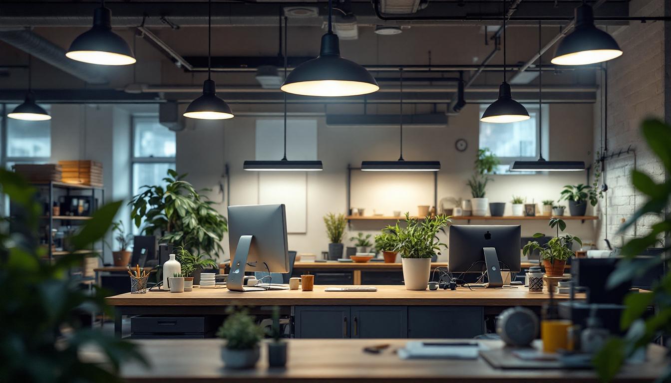 A photograph of a well-lit workspace featuring super bright shop lights